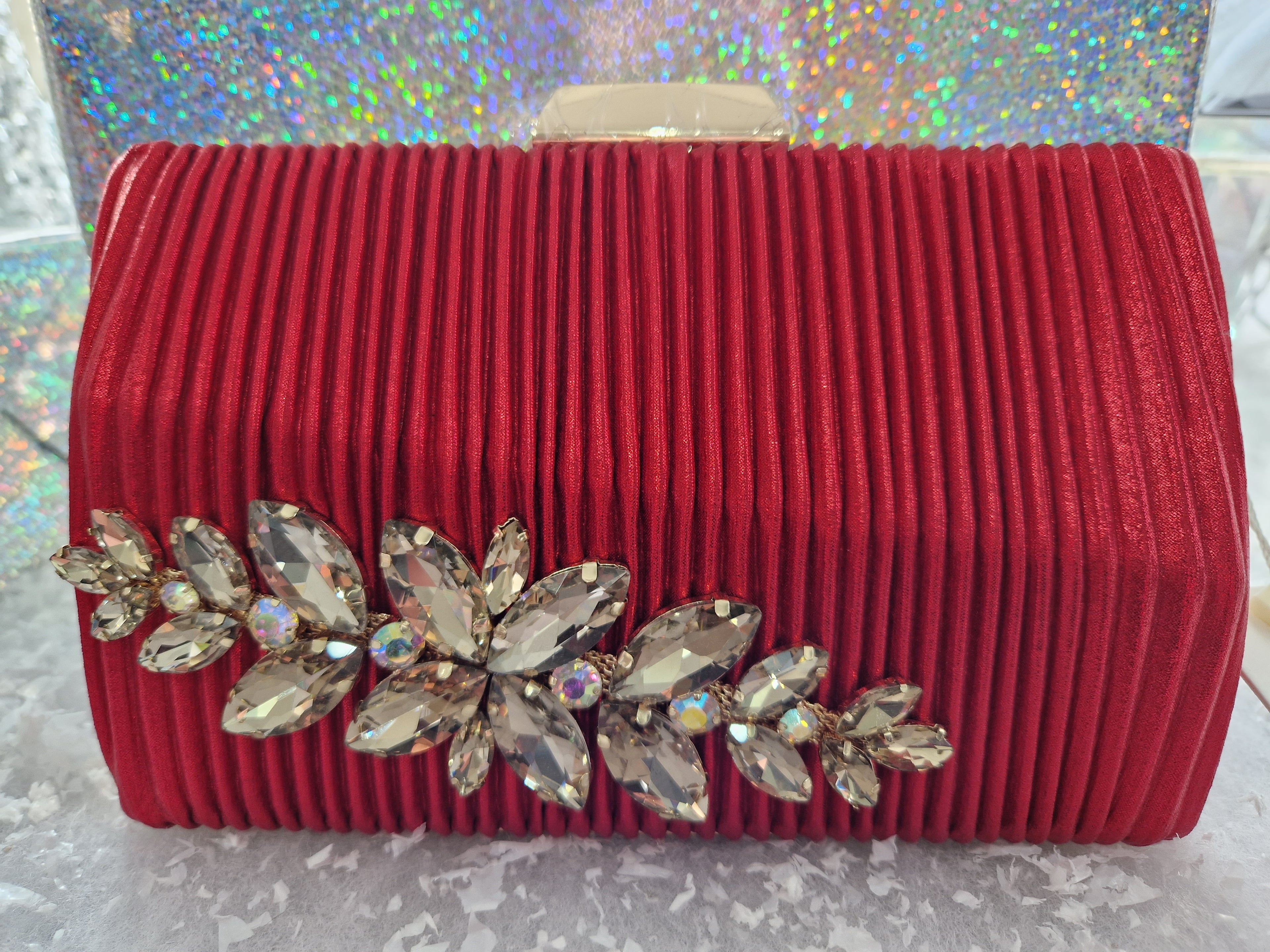 Red Pleated Silk Crystal Clutch Bag