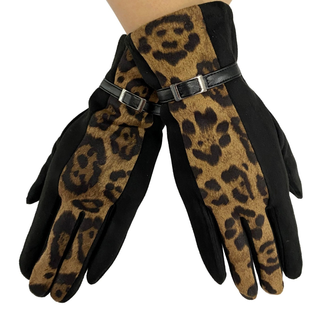 Black/Brown Leopard Print Suede Gloves