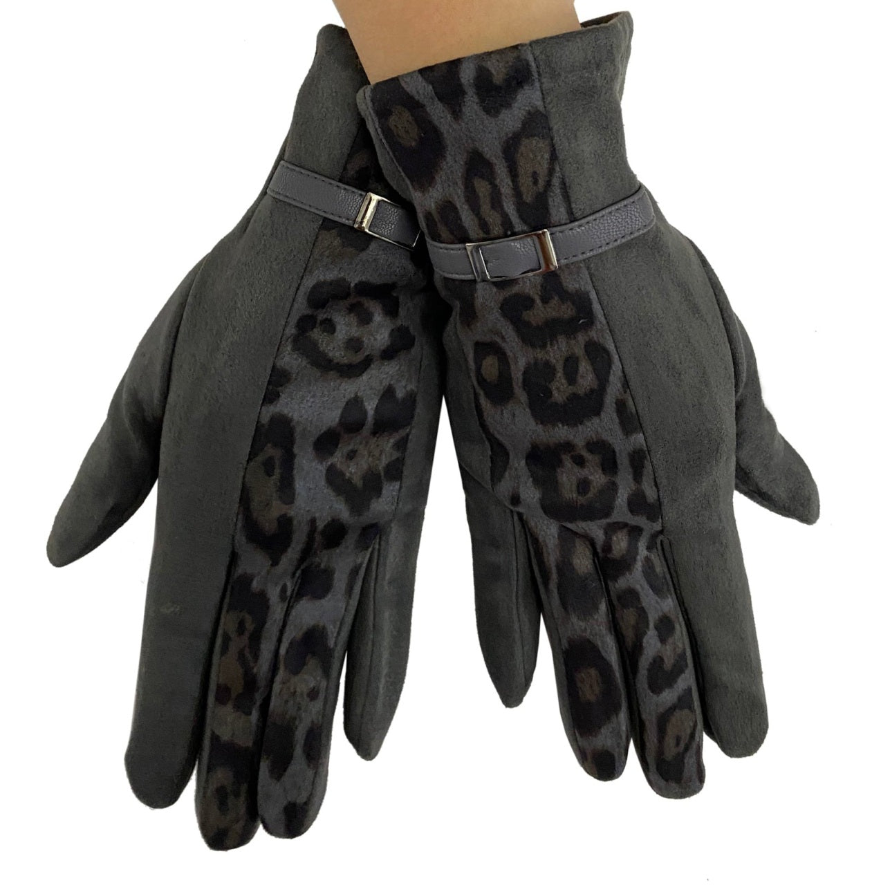 Grey/Black Leopard Print Suede Gloves
