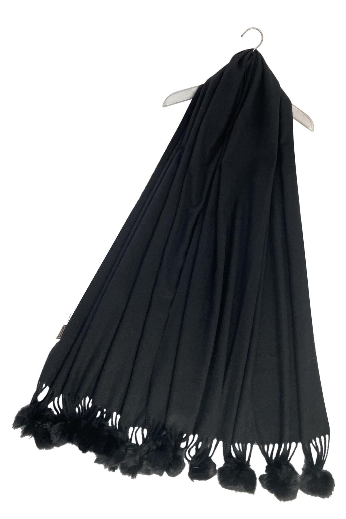 Black Wool Blend Scarf With Pom-Poms